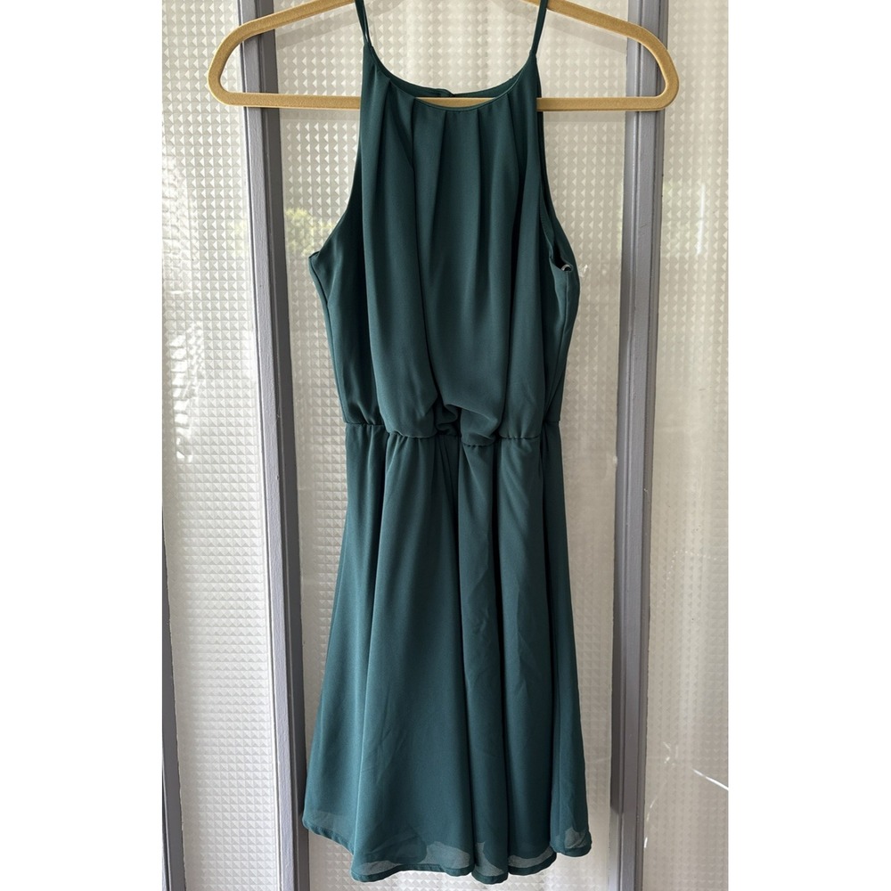 Mi Ami Green Halter Neck‎ Pleated Mini Dress Teal Chiffon Sleeveless XS 31553fr